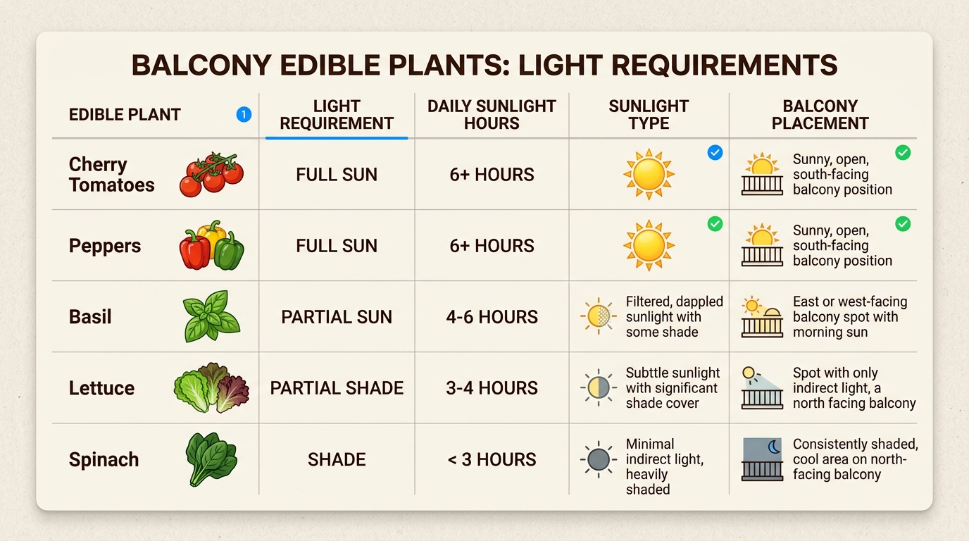 Understanding the unique light requirements of different edible plants is key to matching them with your balcony's sun exposure for successful growth.
