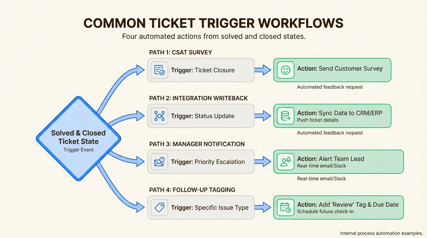 Guía visual para implementar los cuatro patrones de activadores de tickets resueltos y cerrados más comunes