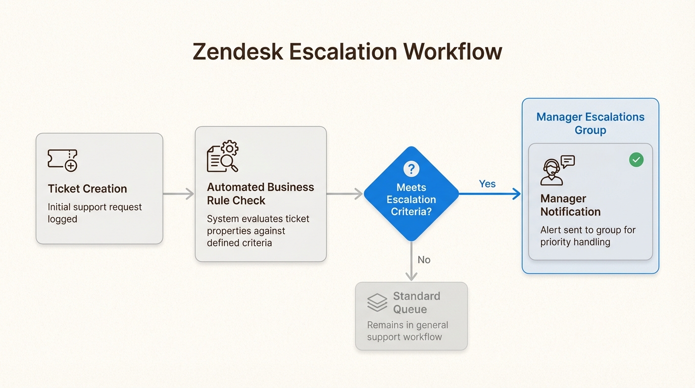 Fluxo de tickets desde a criação, passando por verificações automatizadas, até a notificação do gerente