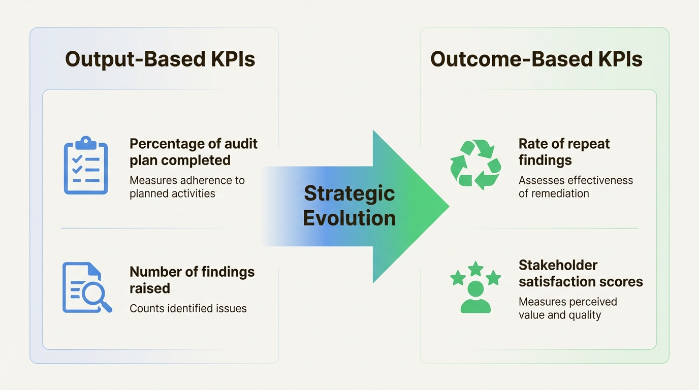 An infographic showing the strategic evolution from traditional output-based KPIs to modern outcome-based KPIs for internal audits.