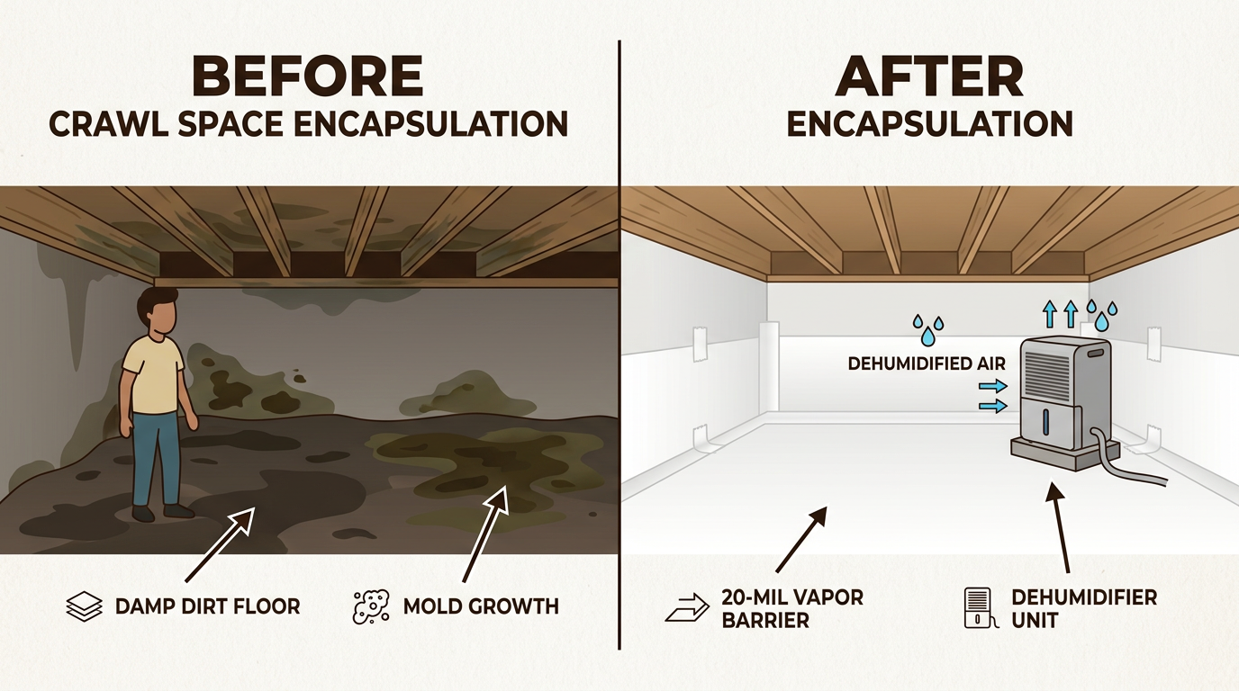 Expert basement waterproofing advice explains how encapsulation transforms a damp crawl space into a clean, dry environment that improves air quality and reduces energy costs.