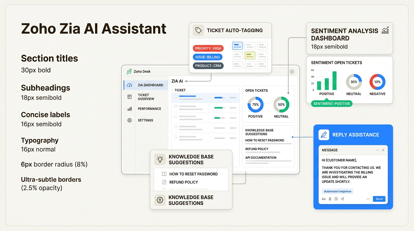 Interface do assistente de IA Zoho Zia com marcação automática de tickets, análise de sentimento e sugestões da base de conhecimento.