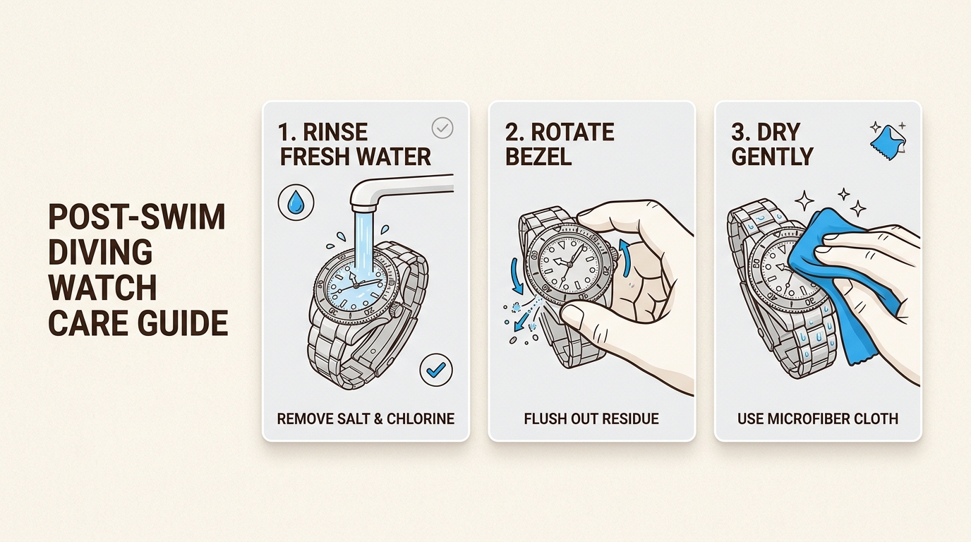 Extend your diving watch’s lifespan by following these simple steps to rinse and dry it after every exposure to salt water or chlorine.