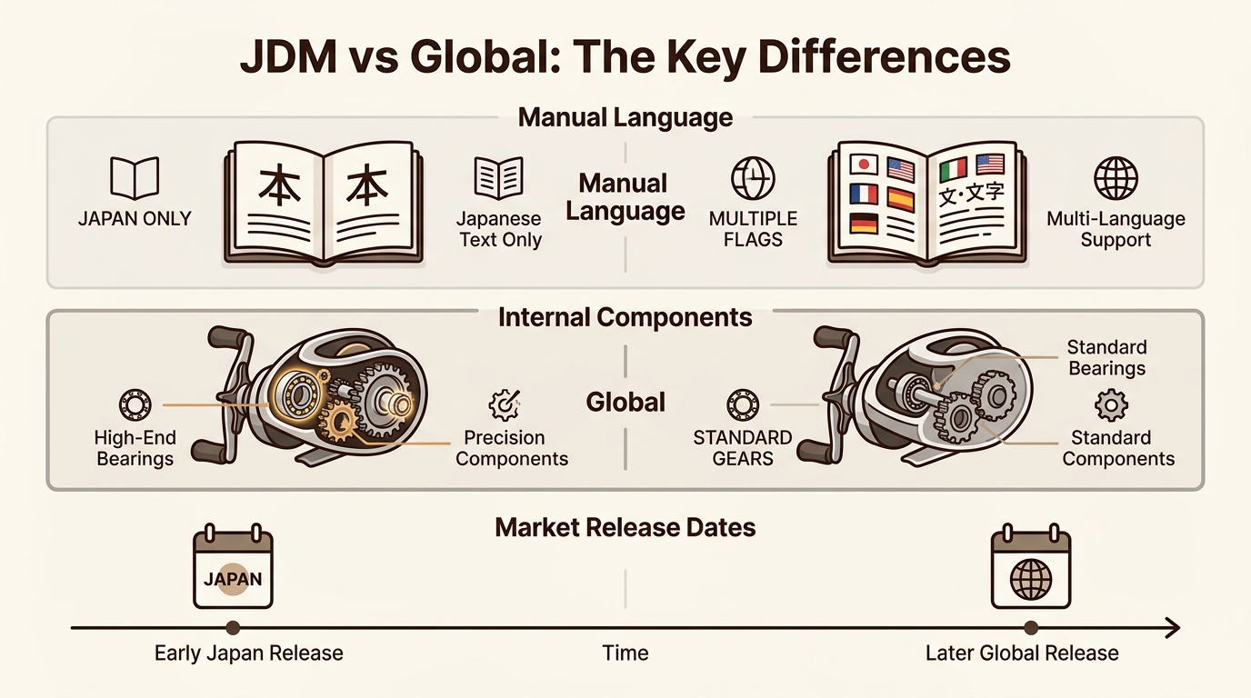 Visualize the core distinctions between JDM and Global fishing reels, explaining the need for specific English documentation.
