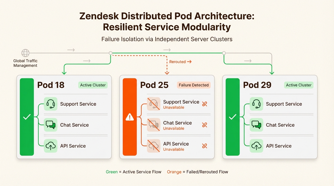 A arquitetura de pod do Zendesk garante que uma falha de servidor localizada afete apenas um subconjunto específico de clientes, mantendo o tempo de atividade global.