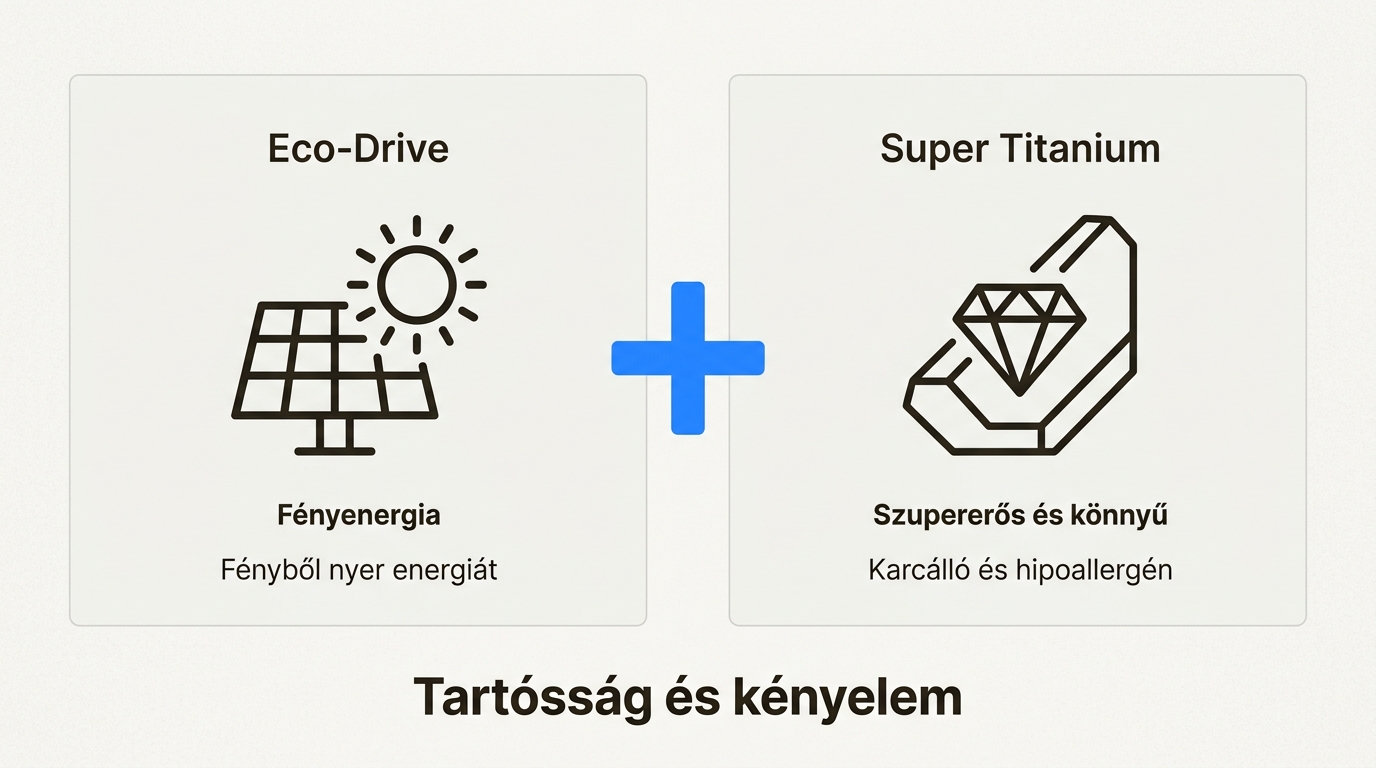 Ez az infografika bemutatja, hogyan ötvözi a Citizen az Eco-Drive és a Super Titanium technológiákat a tartós és kényelmes órákhoz.