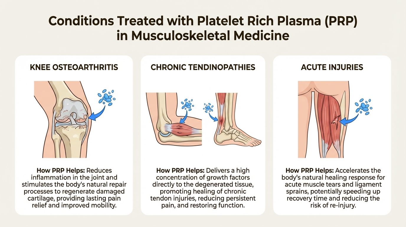 An infographic illustrating common conditions treated with PRP, including knee osteoarthritis, chronic tendinopathies, and acute injuries.