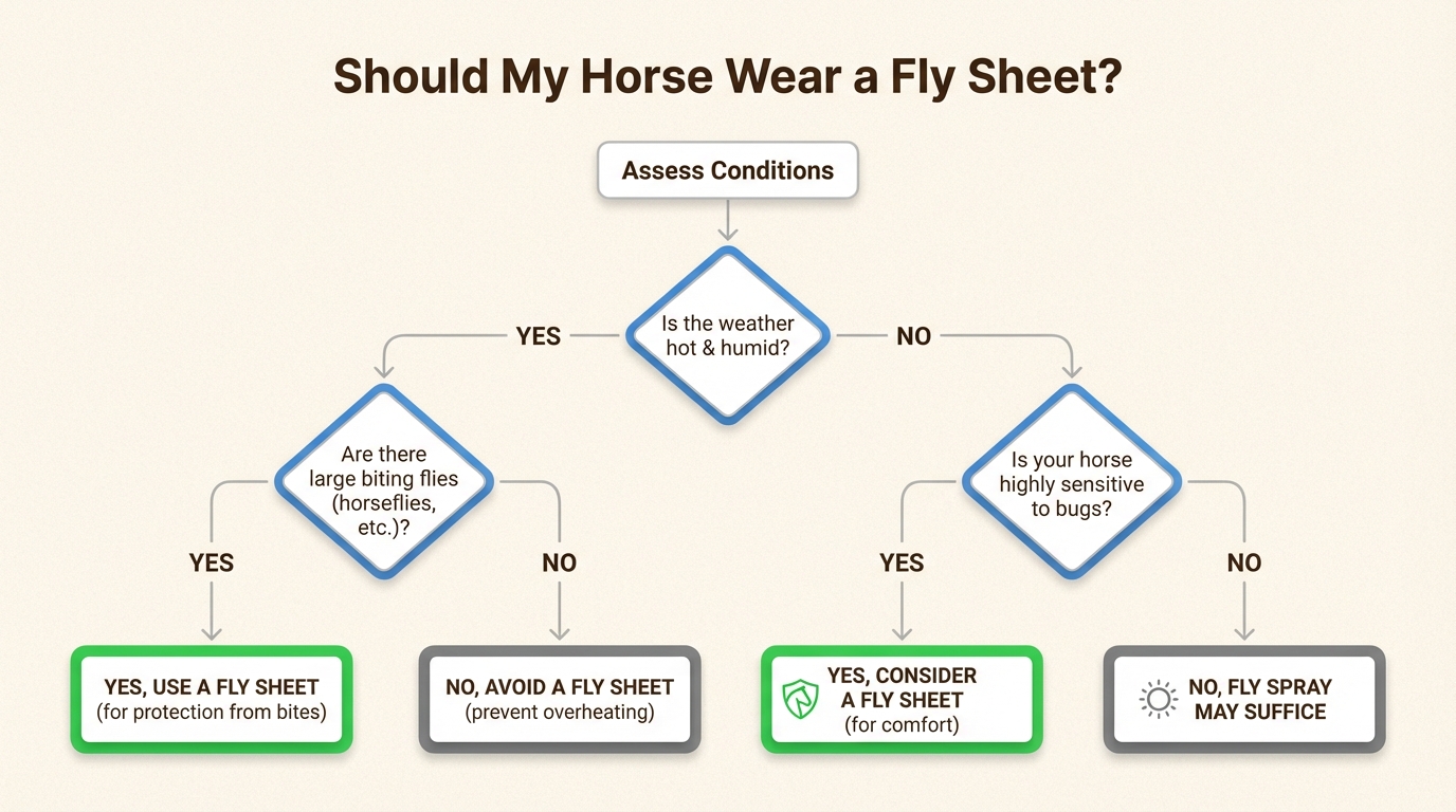 Horse in turnout area where climate affects fly sheet effectiveness