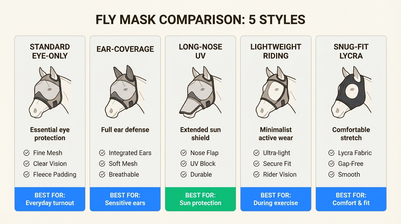 Choosing the right mask style depends on your horse's specific needs, from ear protection to medical-grade UV blocking.