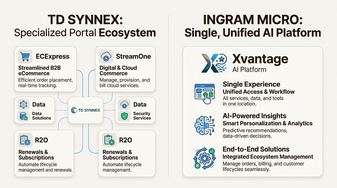 TD SYNNEX uses specialized portals for different workflows versus Ingram Micro's unified platform approach