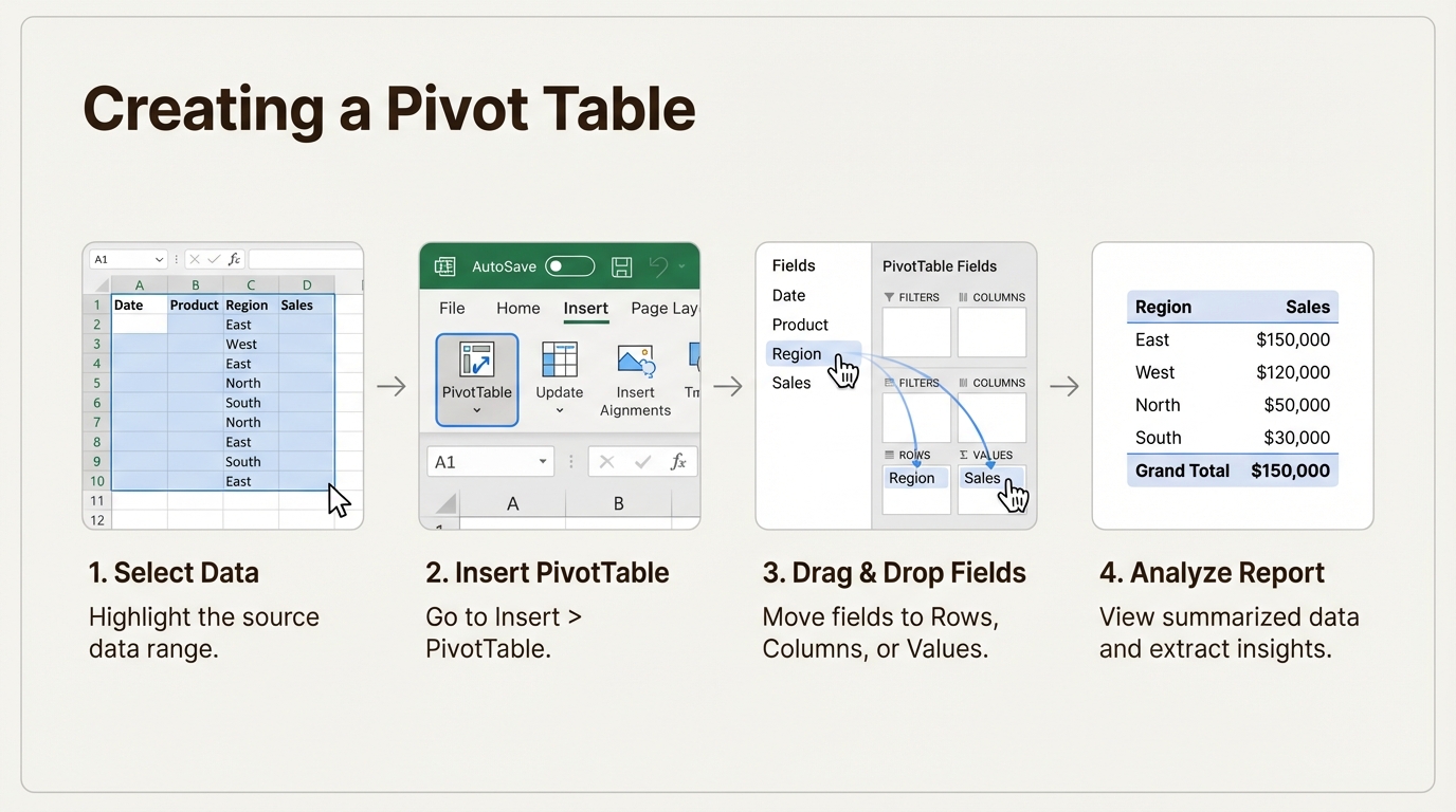 A workflow diagram showing the steps to create a pivot table, a key skill for an Excel interview test for finance.