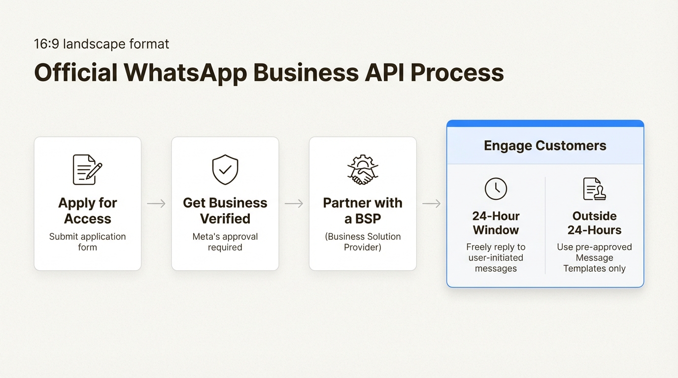 A workflow diagram showing the steps to send bulk WhatsApp messages using the official WhatsApp Business Platform API.