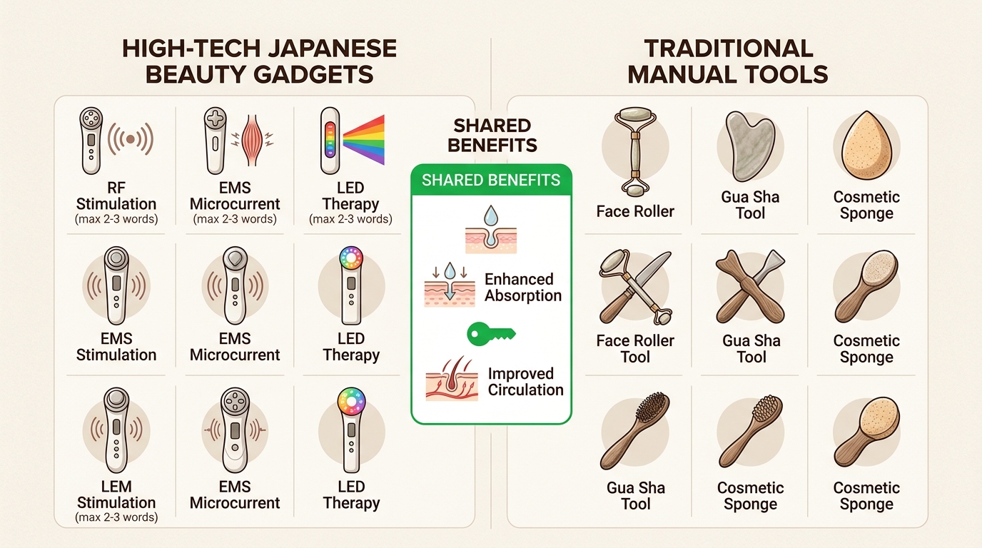 This comparison helps differentiate between high-tech gadgets and manual tools, guiding your choice for an optimized J-Beauty routine.