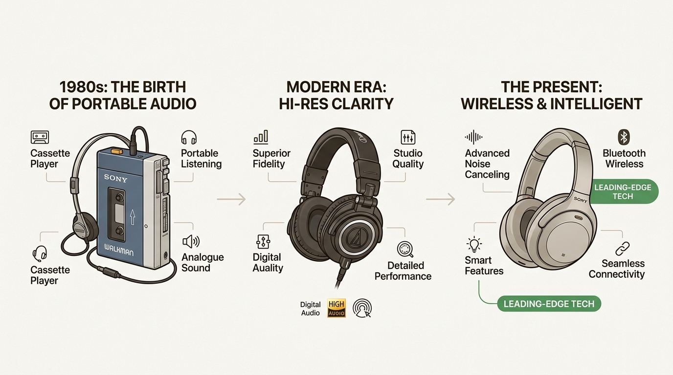 Witness the evolution of Japanese audio, from the revolutionary Sony Walkman to today's high-resolution Audio-Technica headphones and Sony's advanced wireless tech.