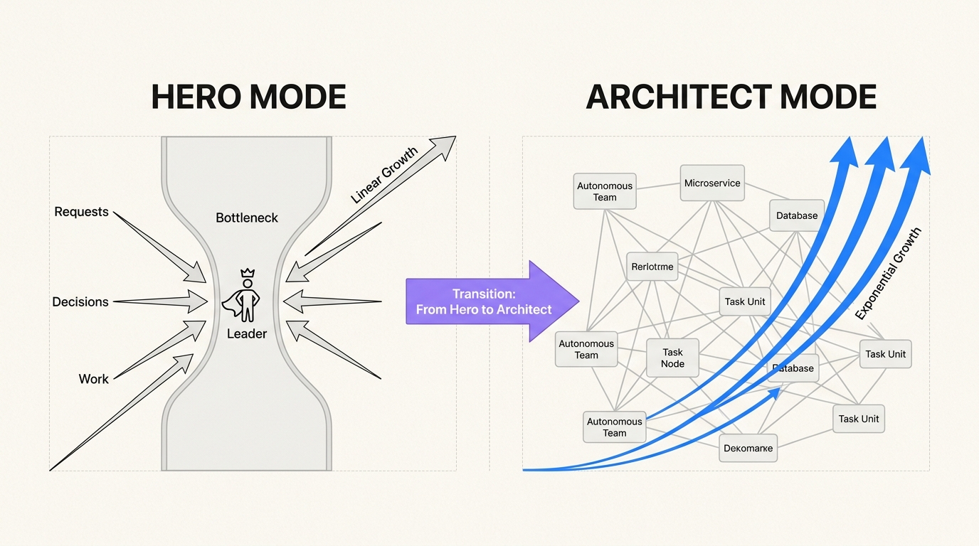 Visualize how shifting from a centralized 'Hero Mode' to a distributed 'Architect Mode' transforms leadership impact from linear to exponential growth.