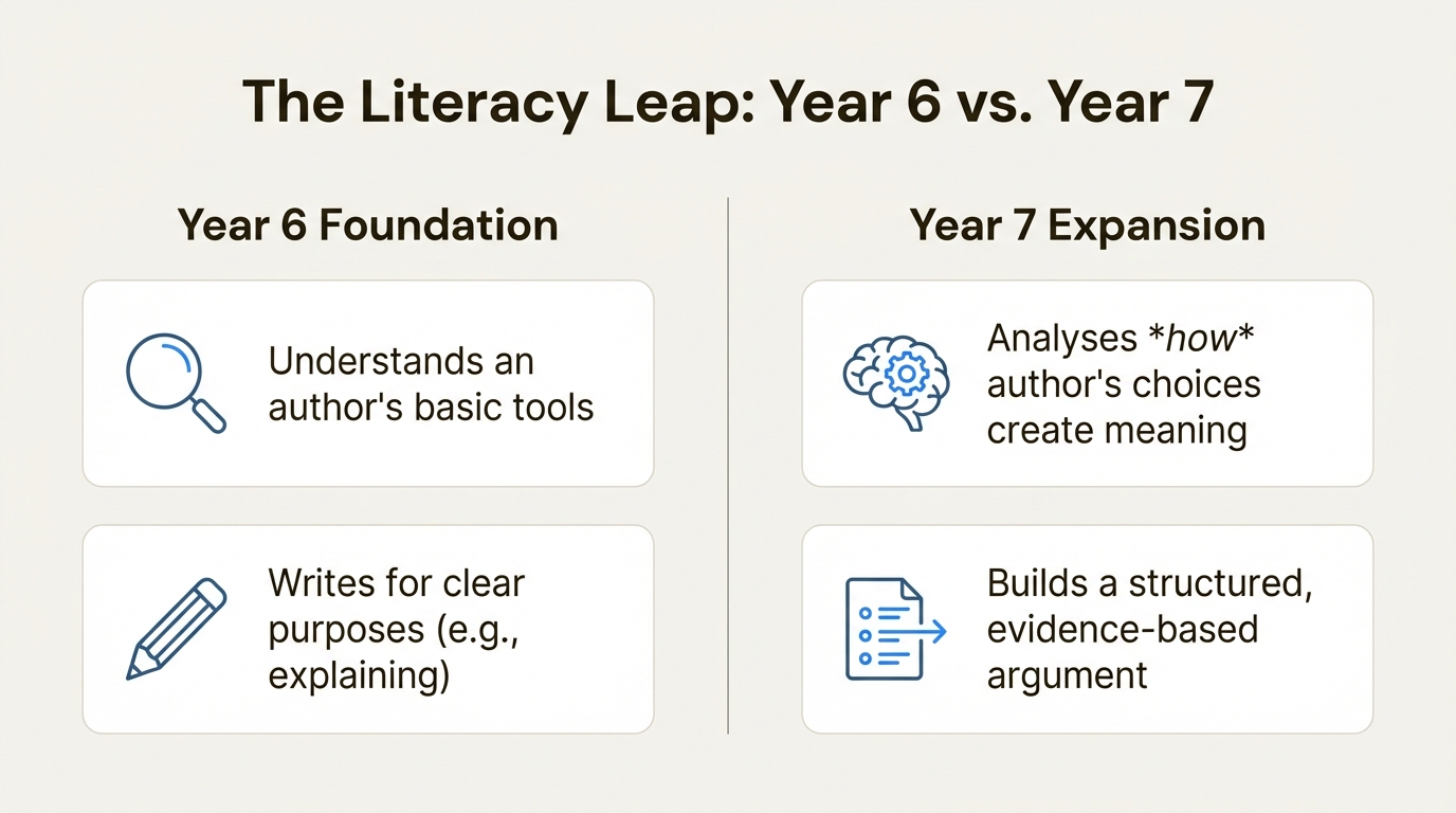 An infographic comparing Year 6 literacy skills with the more advanced expectations of Year 7, including deeper analysis and structured writing.