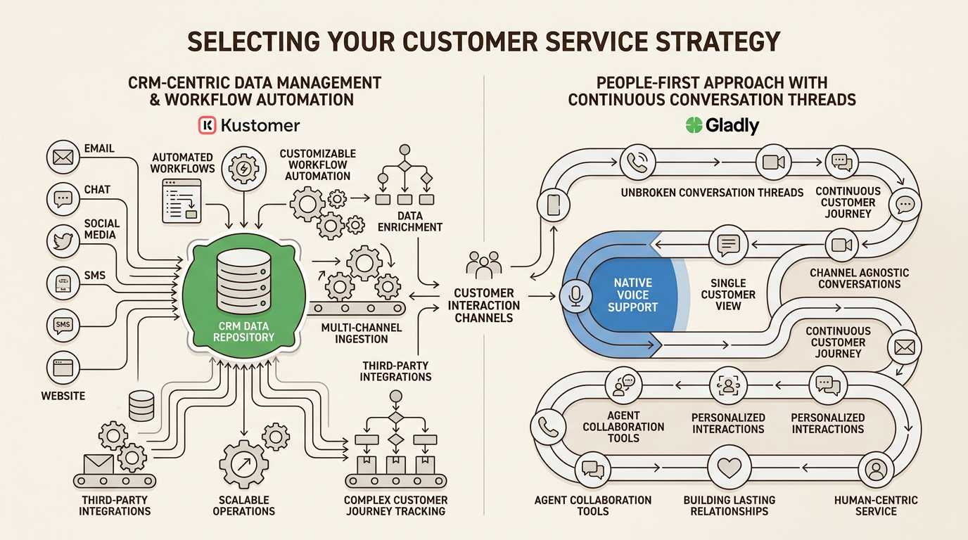 Este visual destaca la elección fundamental entre el poder del flujo de trabajo basado en datos de Kustomer y el modelo de comunicación centrado en las relaciones de Gladly.