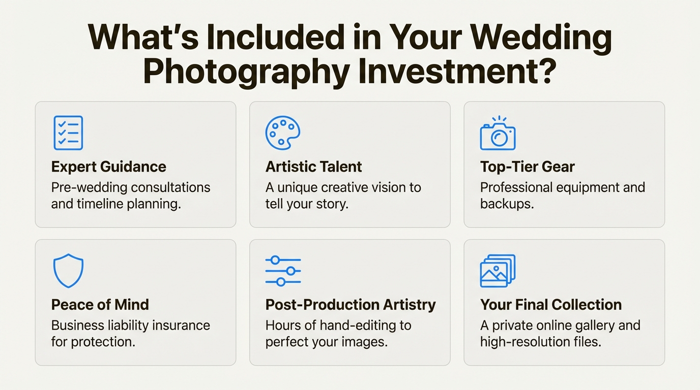 An infographic showing what is included in a professional wedding photography investment package.
