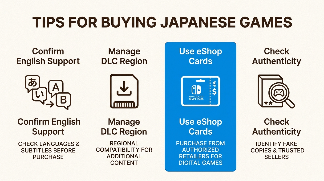 Tips for buying Japanese exclusive games including confirming language support, managing DLC regions, and using eShop cards.