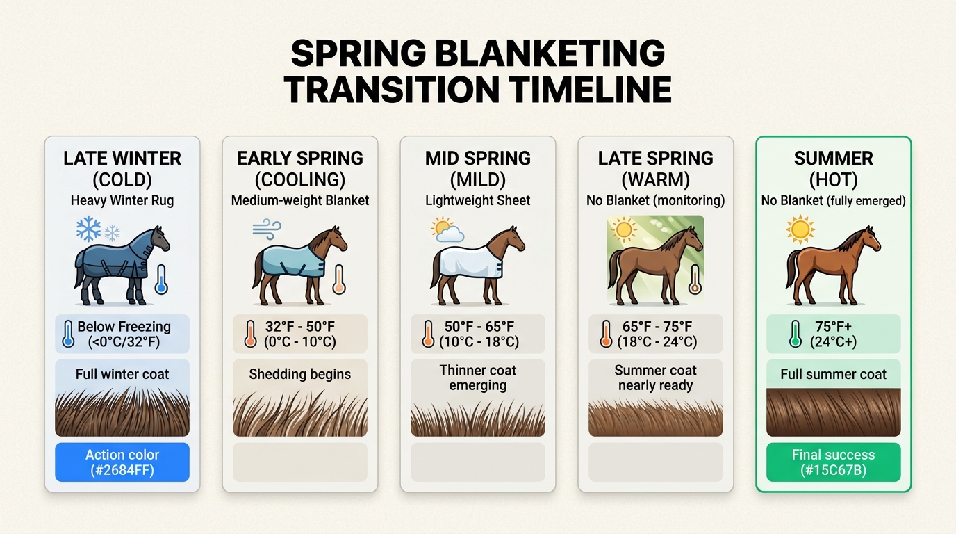 Gradually reducing blanket weight in alignment with coat thinning prevents overheating and supports the horse's natural thermoregulation during seasonal shifts.