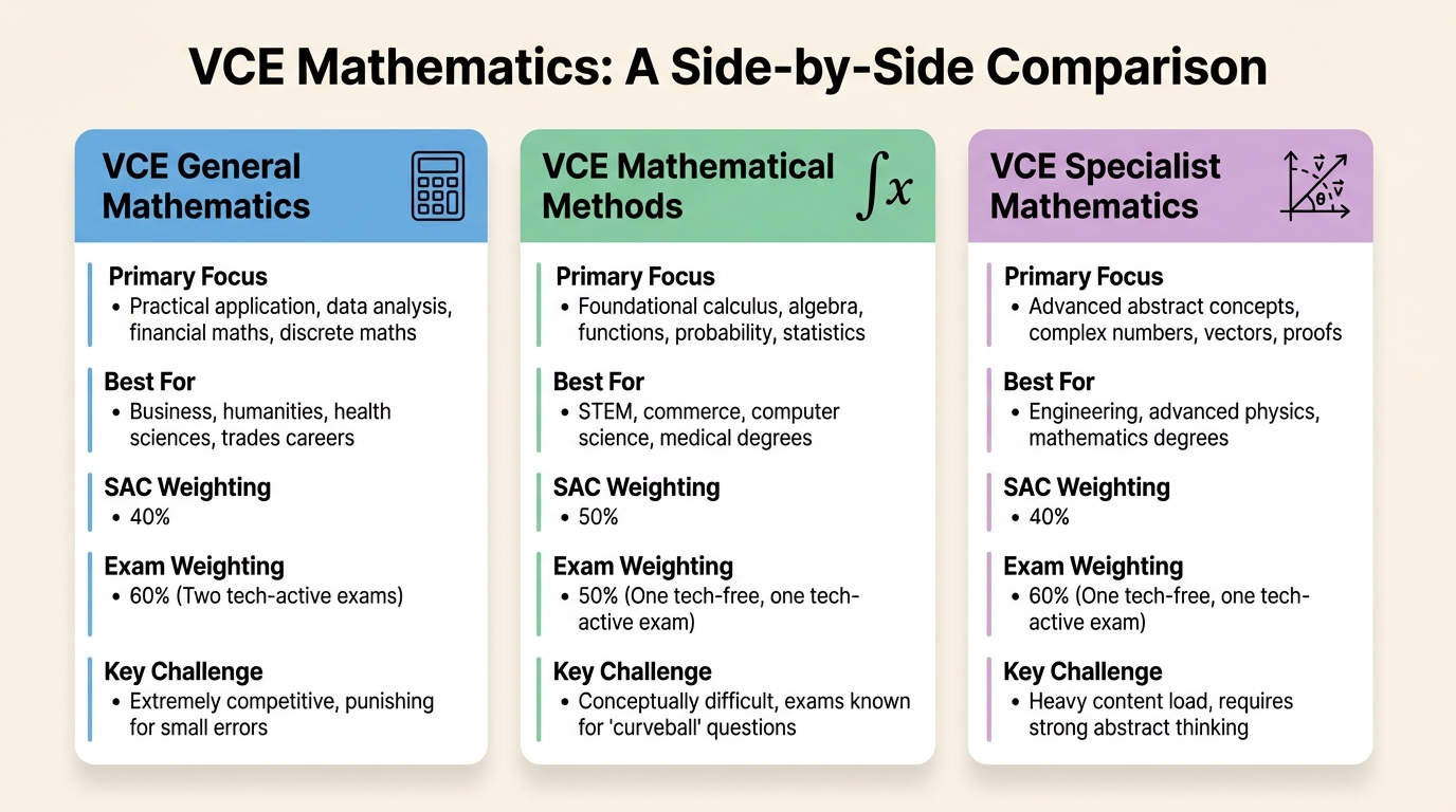 An infographic comparing the key features of VCE General, Methods, and Specialist mathematics.