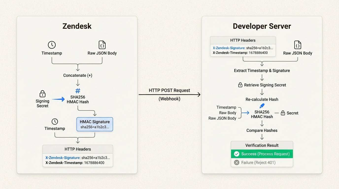 Fluxo de verificação de assinatura de webhook do Zendesk para seu servidor