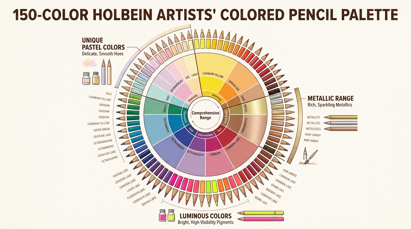 Explore the Holbein 150-color palette, renowned for its extensive range of unique pastels, earthy neutrals, and vibrant luminous shades, expanding artistic possibilities.