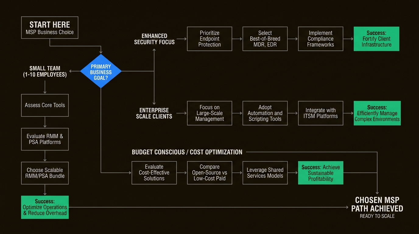 Decision framework flowchart for selecting the right ConnectWise alternative based on MSP priorities
