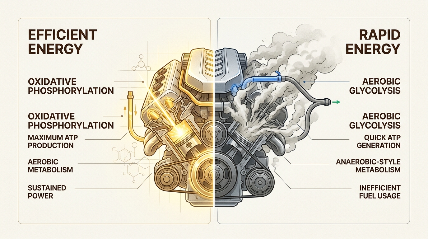 This analogy illustrates how cells prioritize rapid energy production over efficiency during periods of intense growth or metabolic stress.