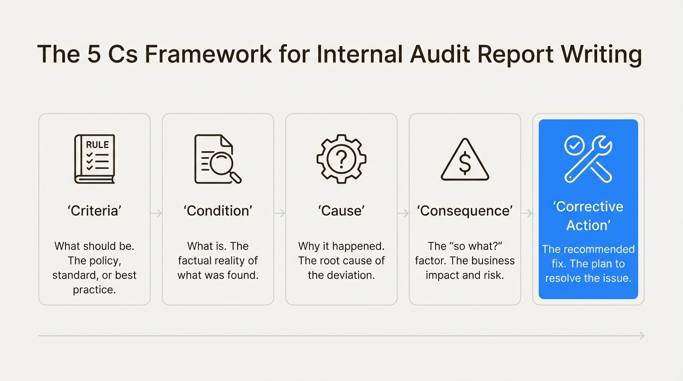 An infographic explaining the 5 Cs of internal audit report writing: criteria, condition, cause, consequence, and corrective action.