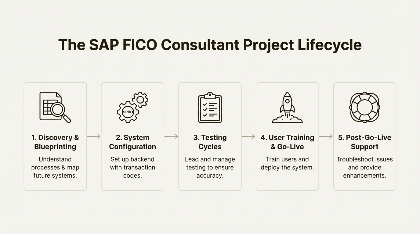 A workflow diagram showing the project lifecycle for an SAP FICO Consultant, from blueprinting to support.