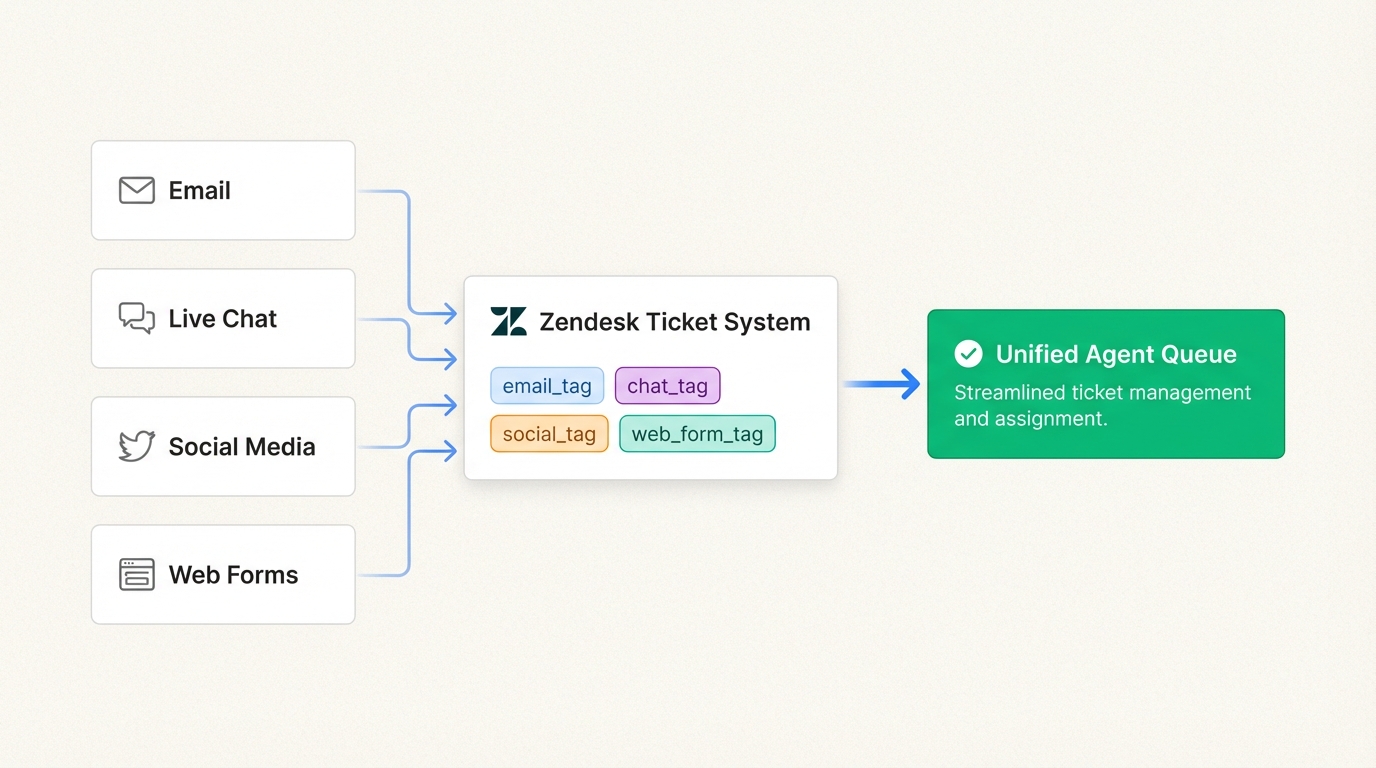 Le balisage automatisé transforme une boîte de réception multicanal chaotique en une file d'attente structurée, identifiant immédiatement chaque ticket par sa source.