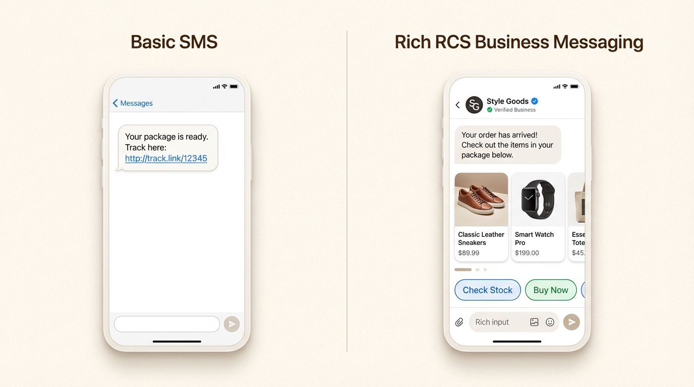Comparación de la experiencia limitada de solo texto de SMS con las capacidades inmersivas, de marca e interactivas de la mensajería Google RCS.