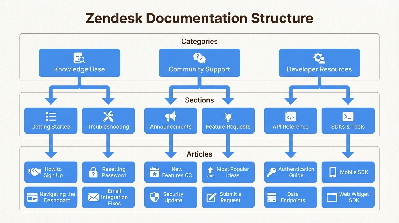 Quebra visual de como o Zendesk organiza o conteúdo da documentação