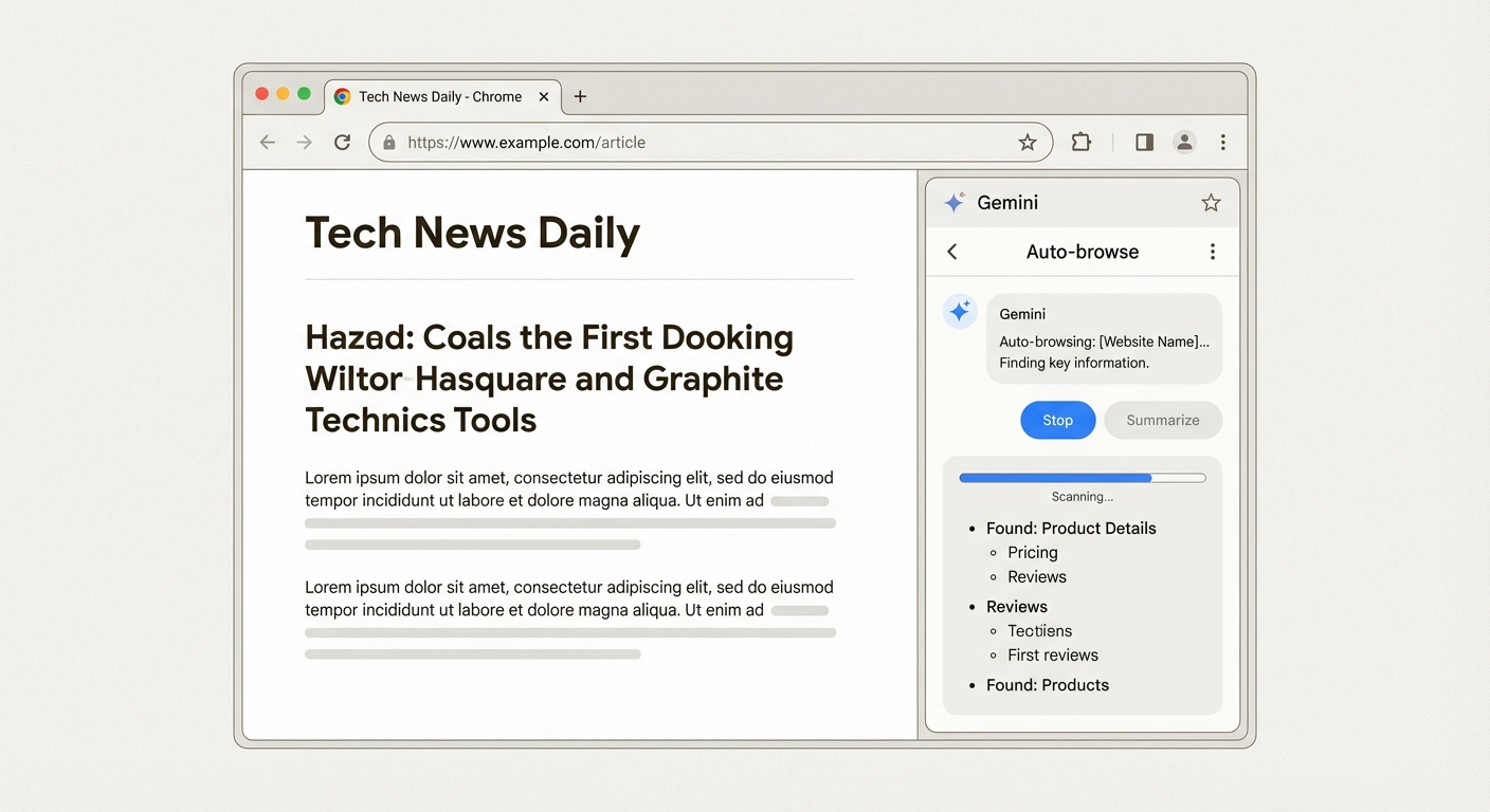 Navegador Chrome com barra lateral Gemini AI mostrando a interface de navegação automática