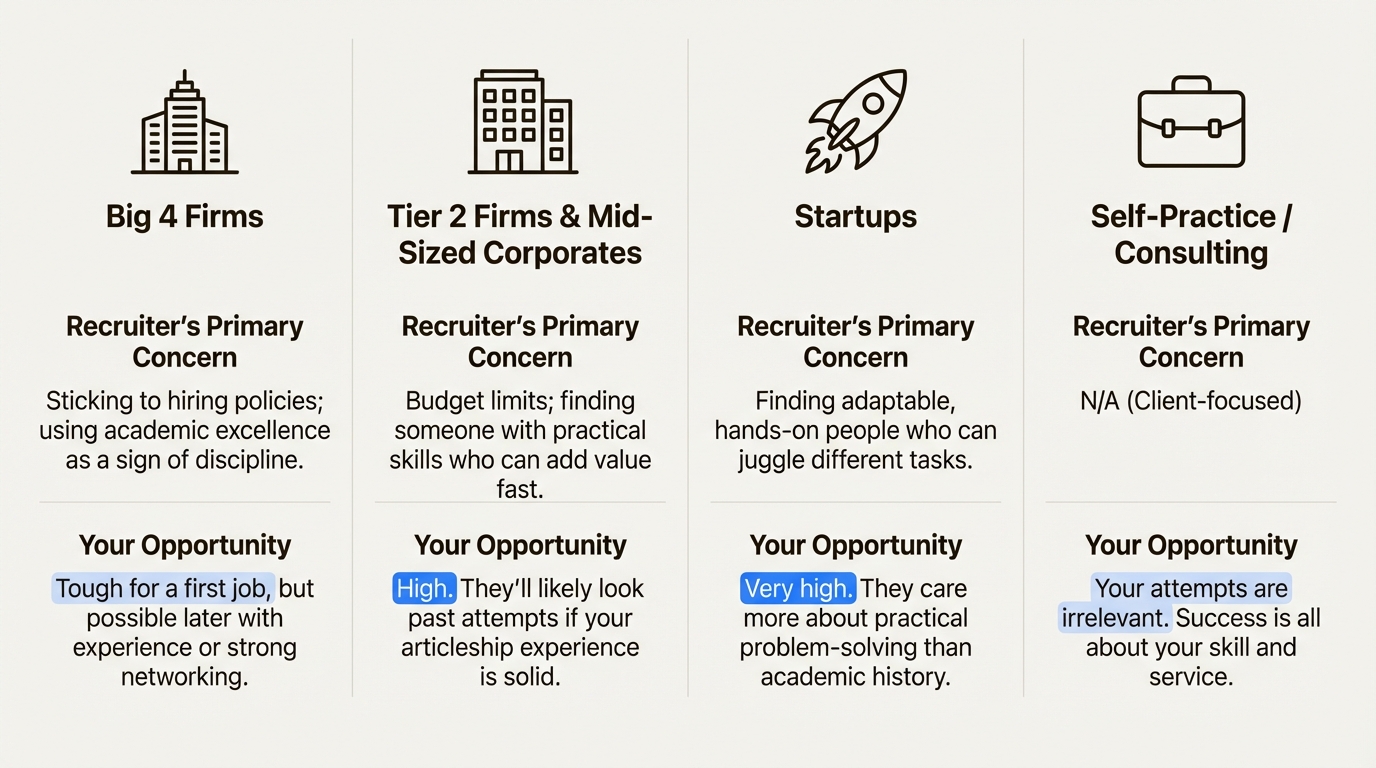 An infographic showing how a CA with multiple attempts is perceived by Big 4 firms, mid-sized companies, and startups.