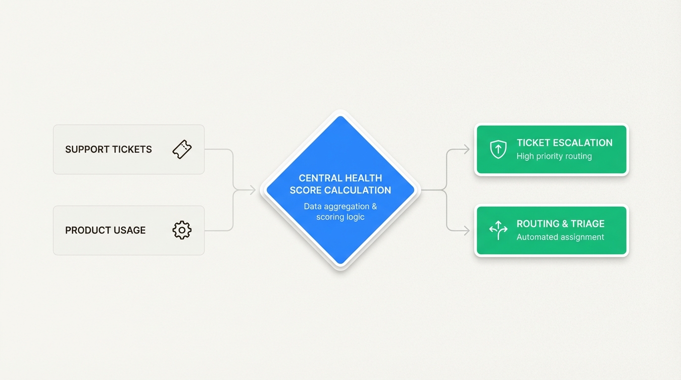 Fluxo de trabalho mostrando como os índices de saúde se integram ao Zendesk para o gerenciamento proativo de contas em risco