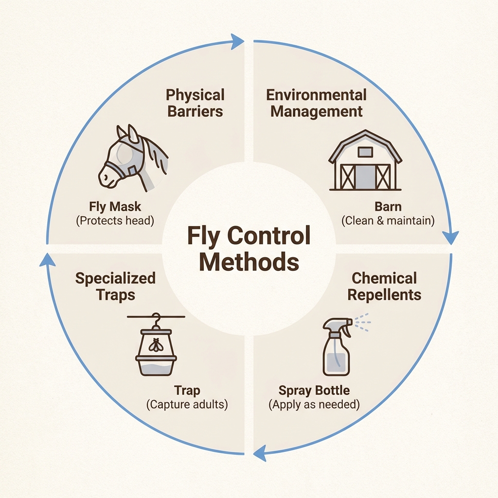 A multi-layered defense strategy combines physical barriers and environmental controls to protect horses from visual-hunting horse flies.