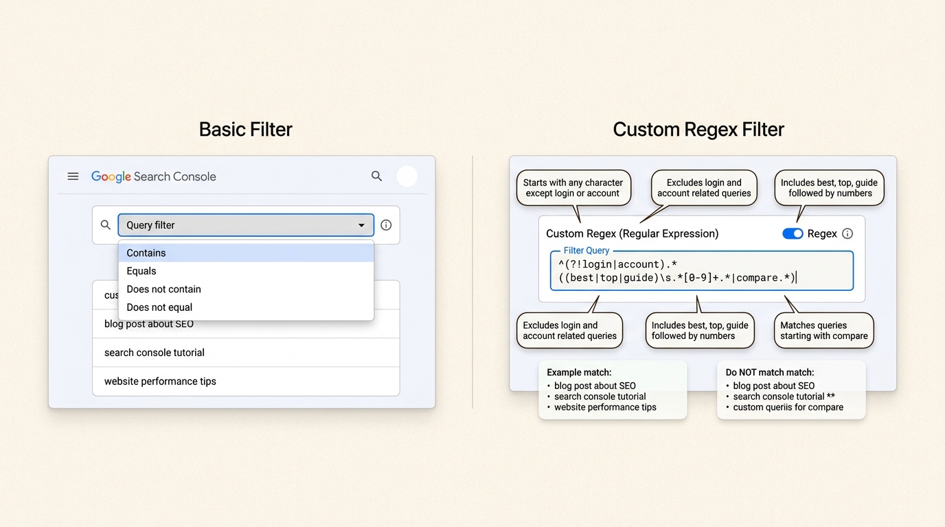 Comparison of standard filters versus regex for search data segmentation
