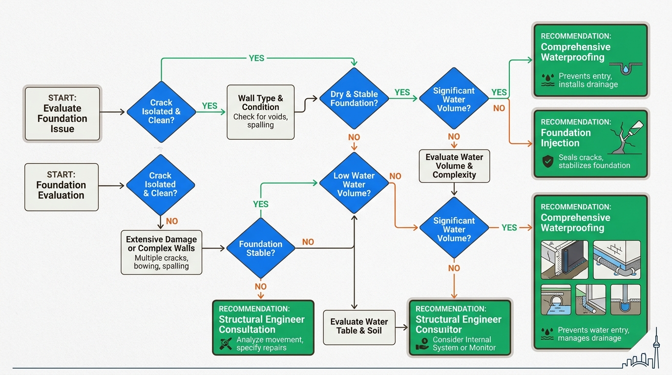 Decision tree for choosing between injection and waterproofing