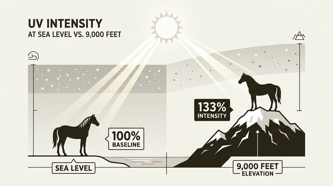 Higher elevations lack the atmospheric filtering of sea level, exposing horses to significantly more damaging radiation.