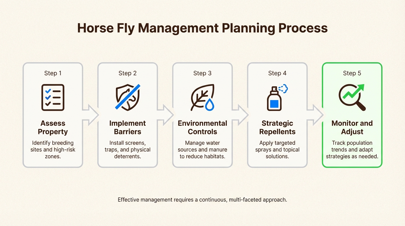 Following a structured five-step management plan ensures consistent protection for your horses throughout the peak fly season.