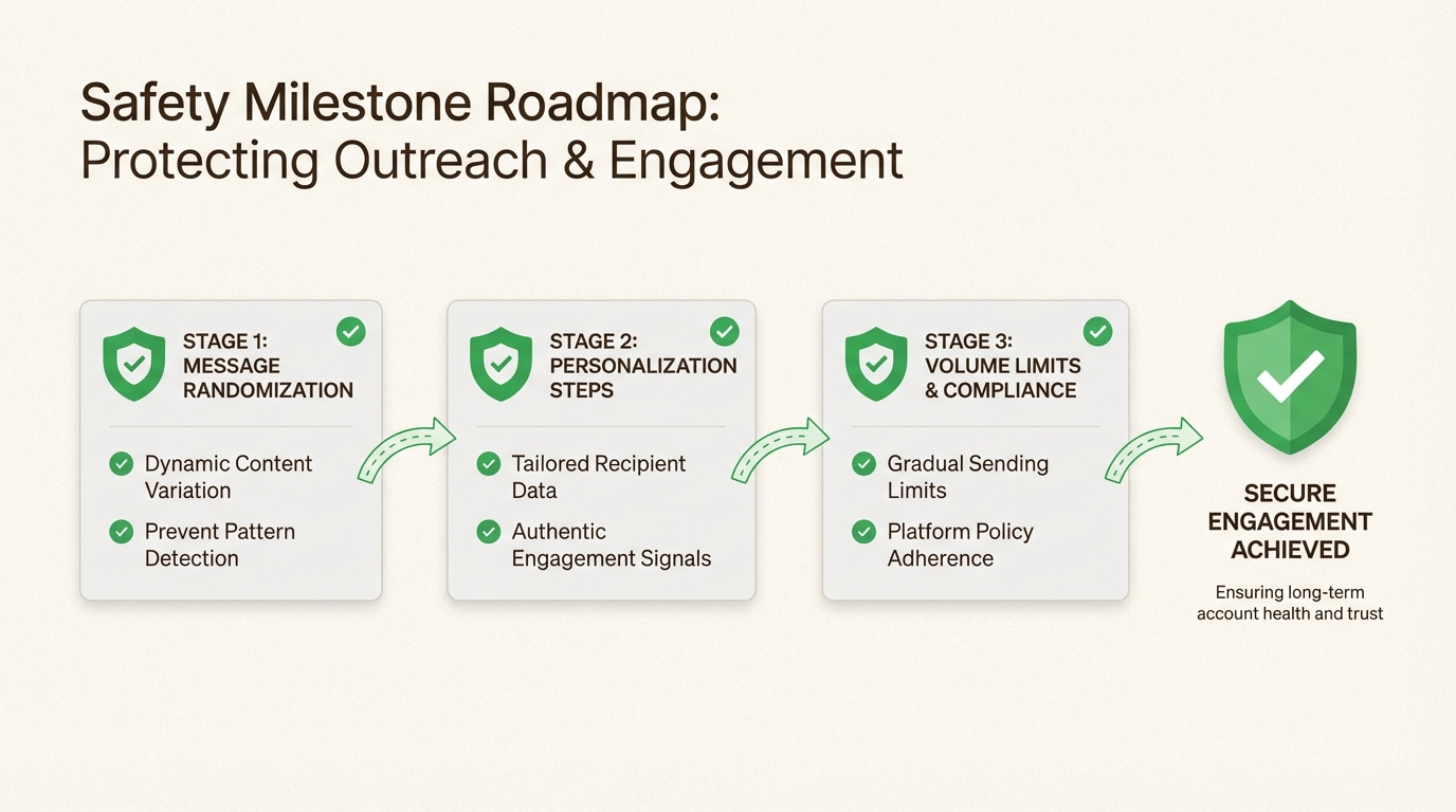 Safety roadmap with randomized timing and personalization to prevent account bans and maintain messaging health.