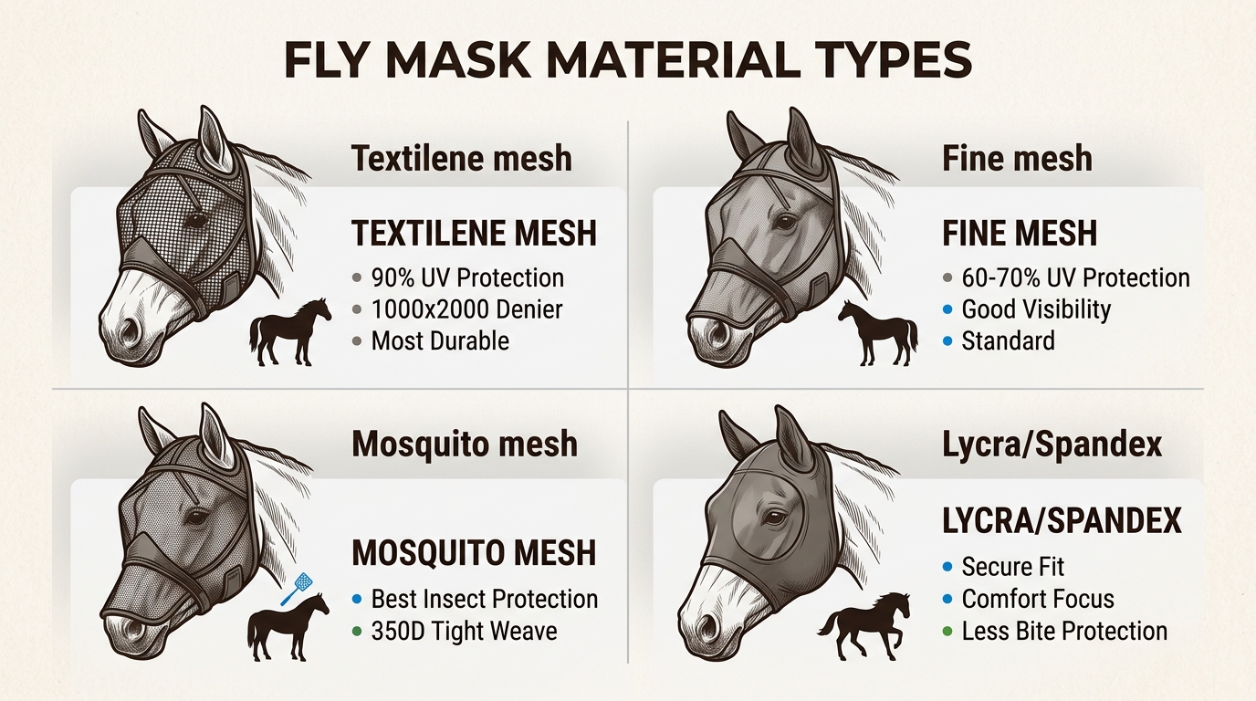Fly mask materials with UV protection levels and use cases