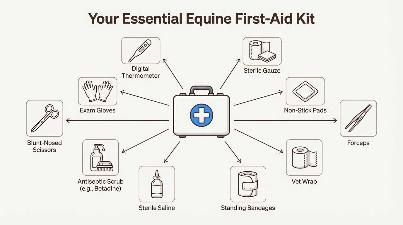 An infographic checklist of essential items for an equine first-aid kit, a key part of how to refresh your horse care routine.