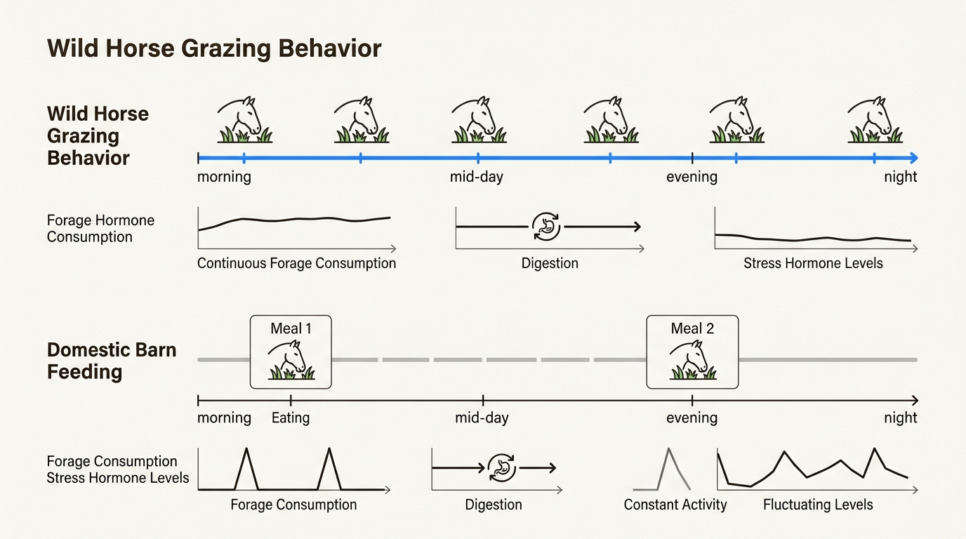 This visual highlights how modern meal feeding disrupts horses' natural grazing patterns, leading to digestive and behavioral stress.