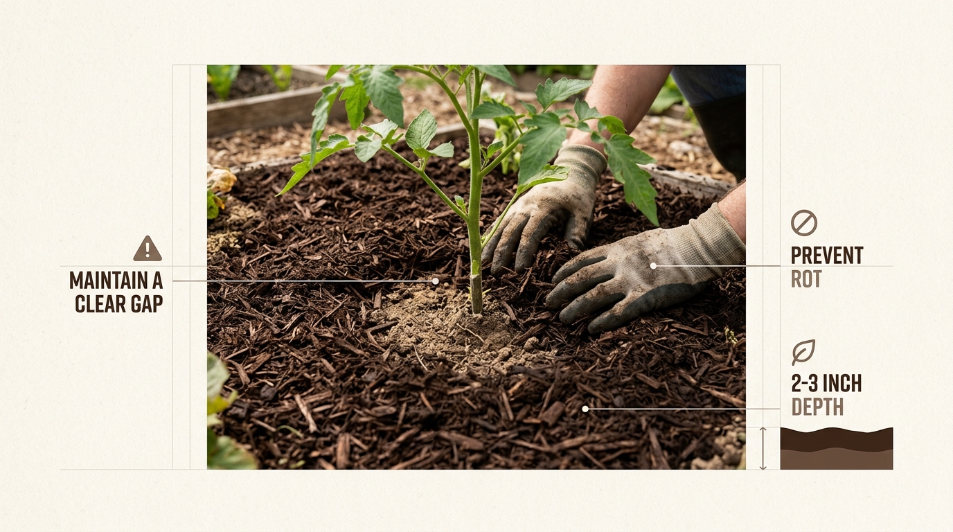 Proper mulch depth and spacing from plant stems prevent moisture-related diseases.
