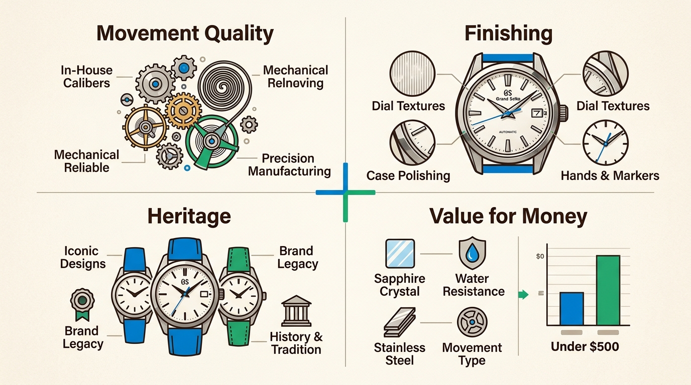 Our four core pillars movement quality, finishing, heritage, and value guide our evaluation of Japanese watches under $500, helping you choose wisely.