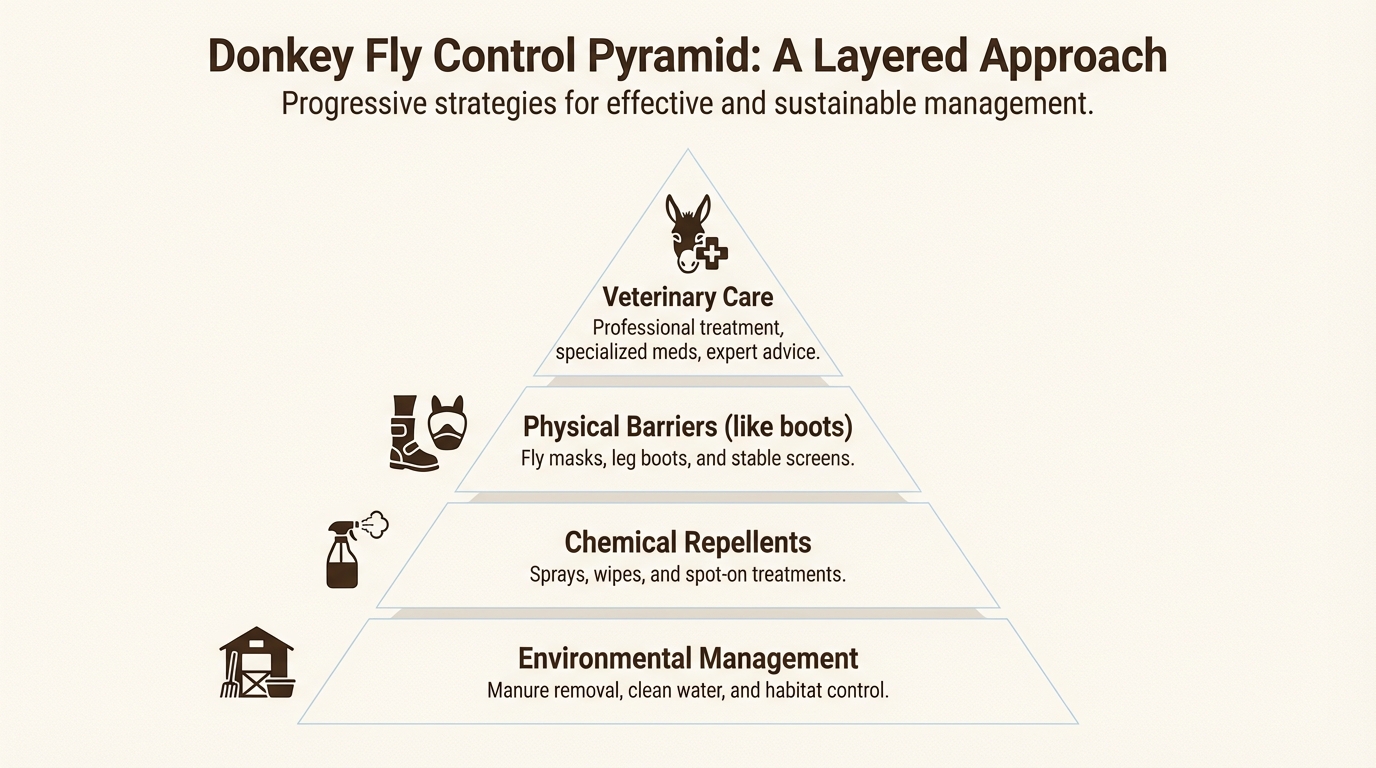 A multi-layered defense strategy starting with manure management is the most effective way to protect your donkey from fly damage.