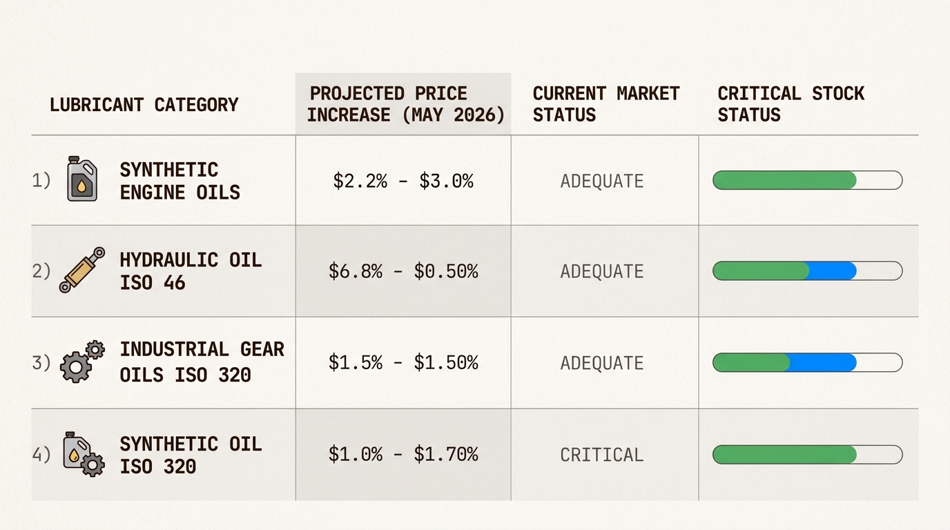 Understand the varied impact of the May 2026 price surge on key lubricant categories, including projected increases and critical stock levels.
